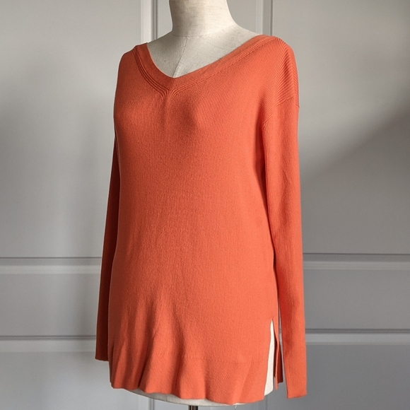 Lafayette 148 Sweater Lightweight Rib Knit V-Neck Pullover Habanero Orange M NWT - Picture 3 of 14